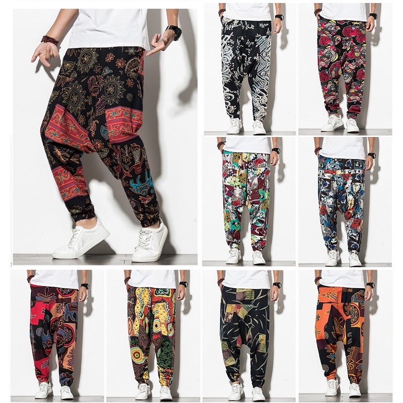 风印花束脚长裤子男九分裤棉麻休闲嘻哈宽松哈伦裤K29P40，男装休闲裤，星座1217