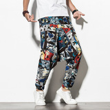 风印花束脚长裤子男九分裤棉麻休闲嘻哈宽松哈伦裤K29P40，男装休闲裤，星座1217