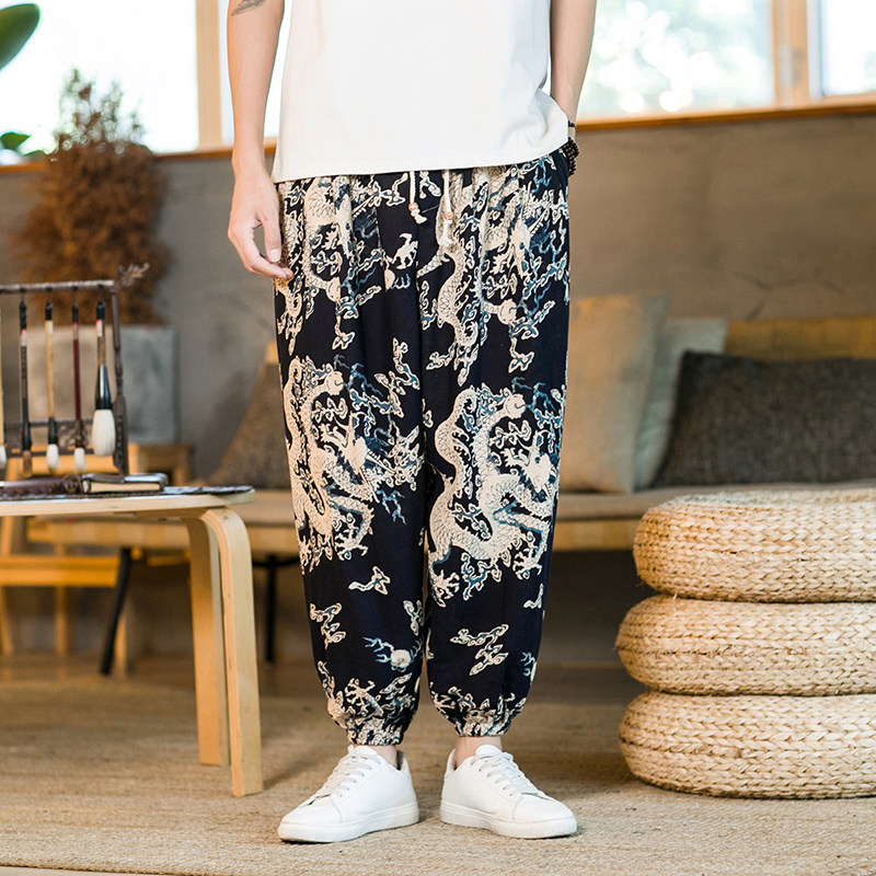 跨境2024欧美休闲哈伦裤男春秋季民族风棉麻宽松系带风K16P45，男装民族服装，星座1217