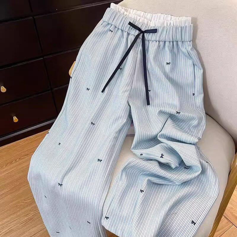 女童夏季蓝色条纹阔腿裤多巴胺