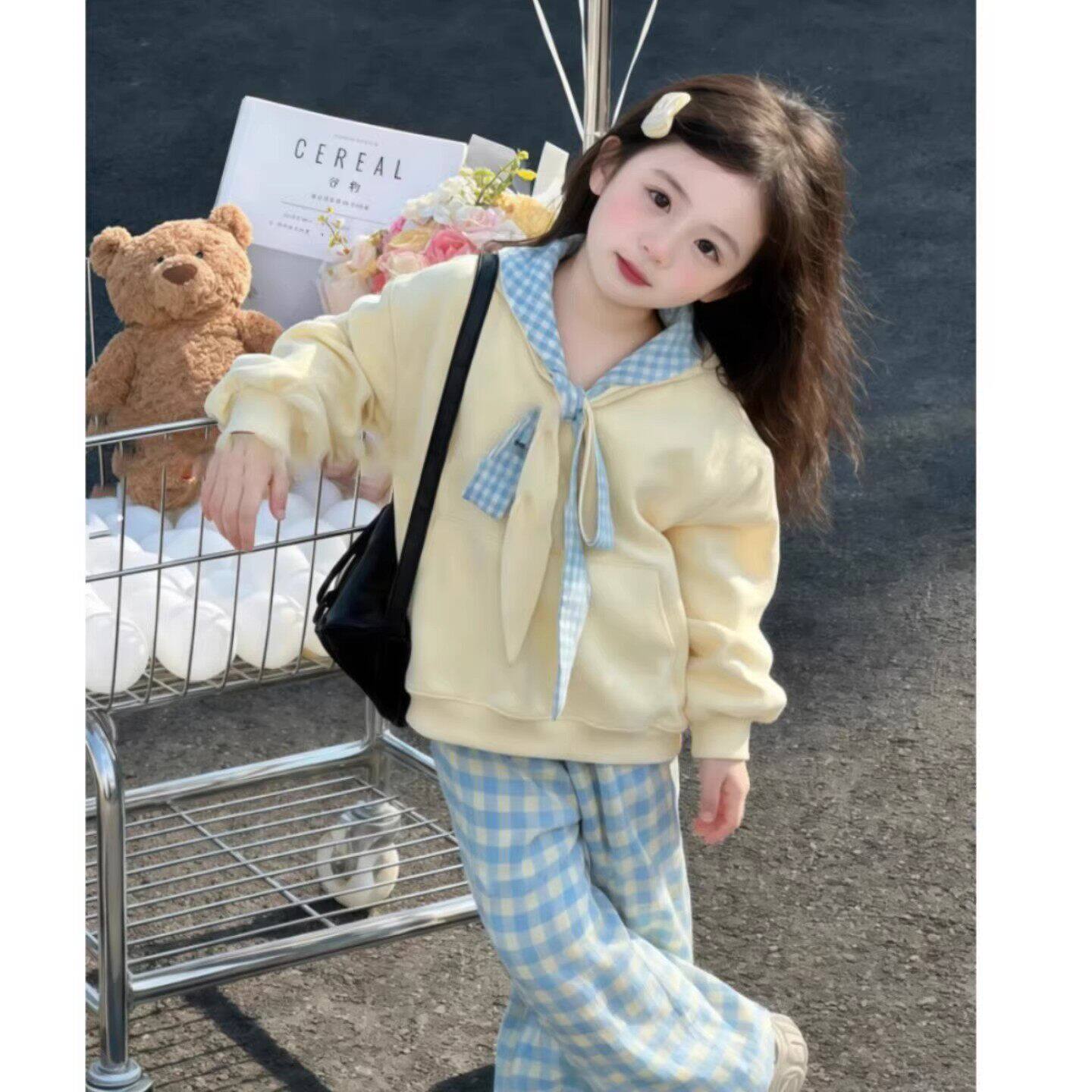 女童套装2026春季新款韩版女宝宝洋气黄色卫衣蓝白格子裤两件套