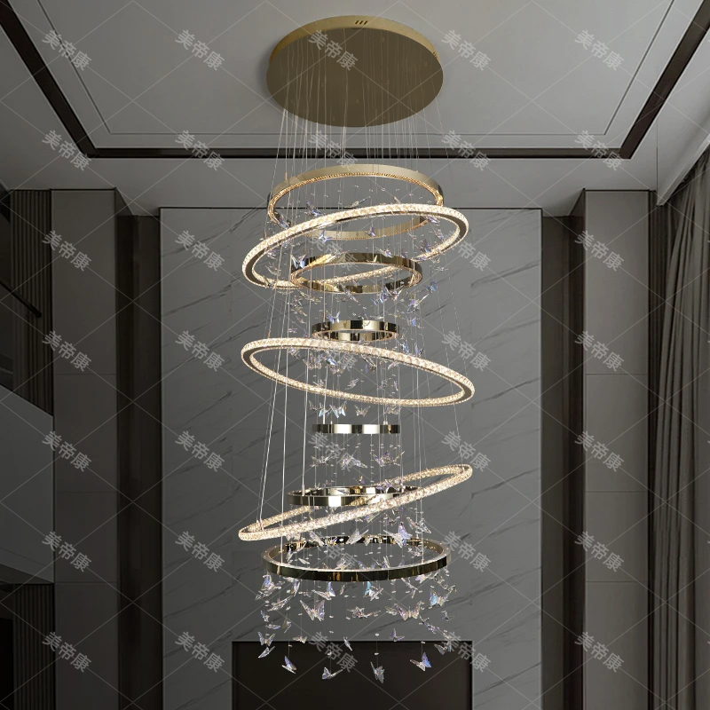 现代简约别墅挑空客厅吊灯2025新款水晶蝴蝶复式楼中楼中空大吊灯