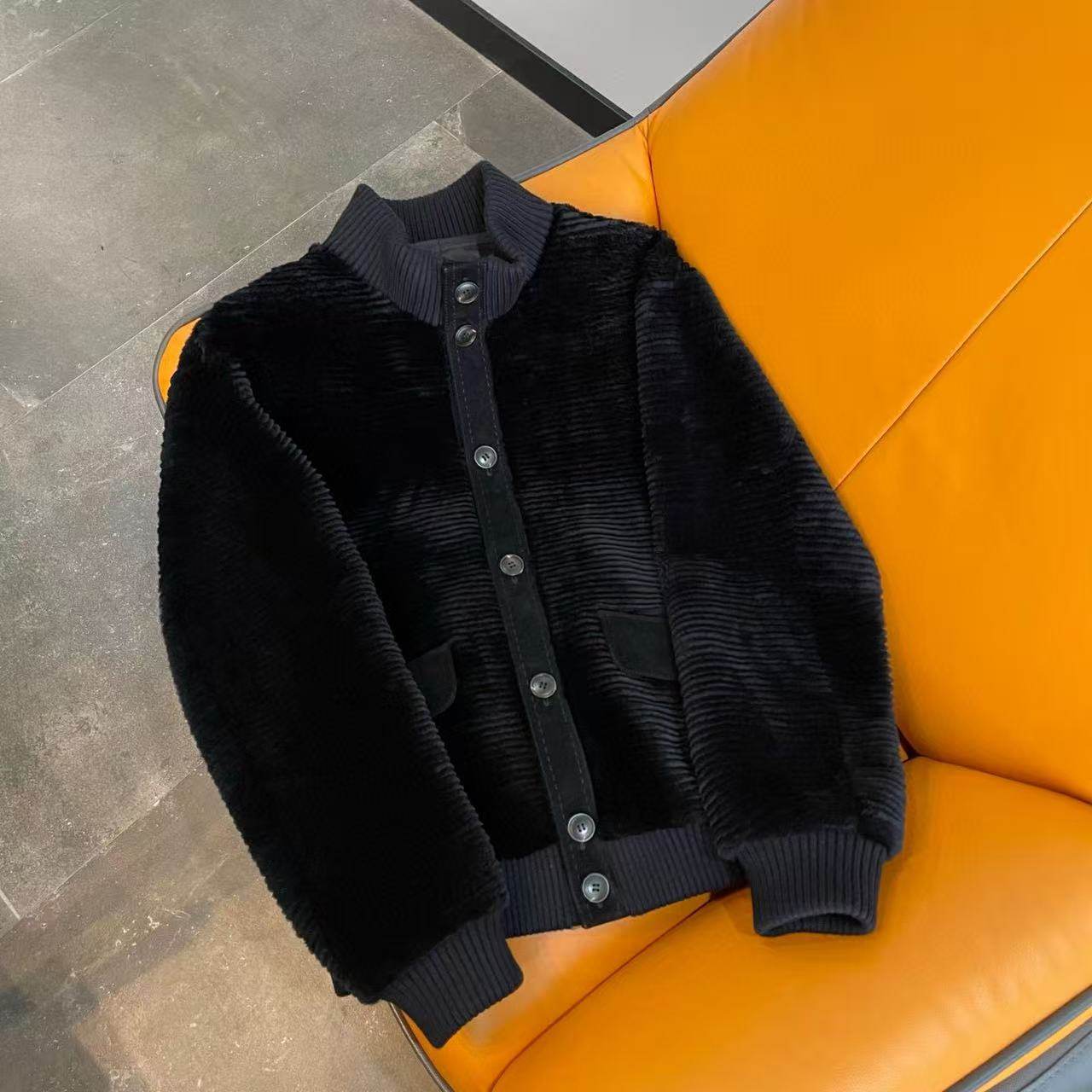 25冬季男装黑色立领针织皮草外套男短款拉链修身皮毛一体夹克607