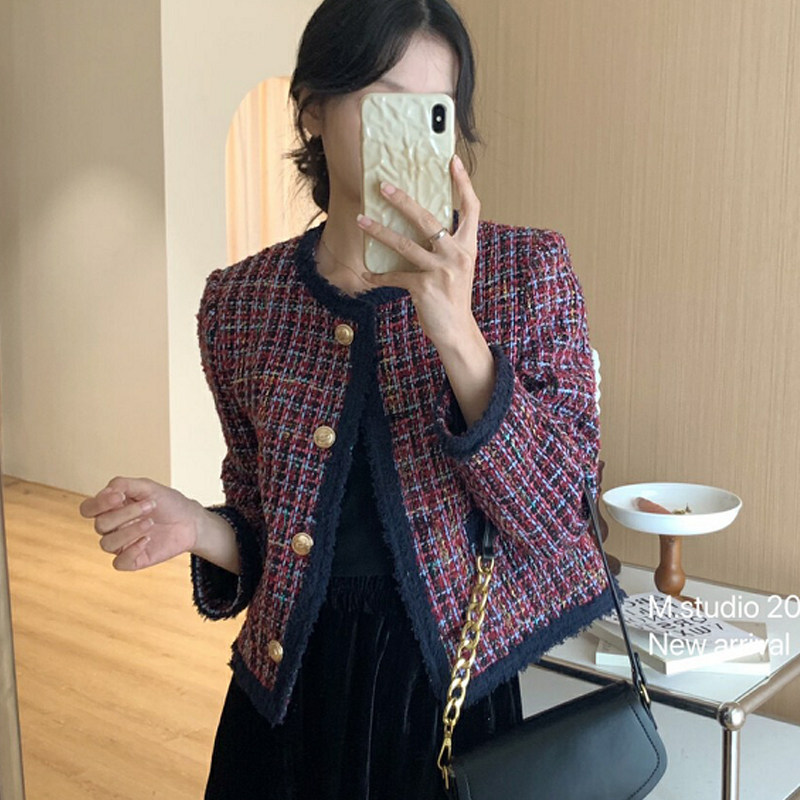 韩版粗花编织拼色小香风短外套女气质名媛秋季新款单排扣长袖上衣