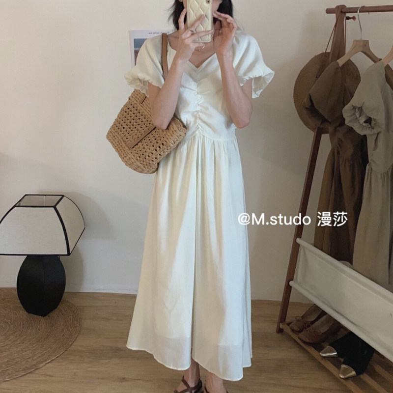 法式温柔甜美V领连衣裙女23年夏季新款过膝高级气质显瘦茶歇长裙