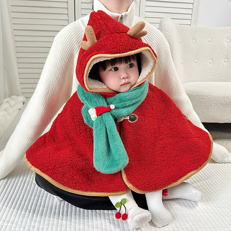 秋冬婴儿披风斗篷冬装外出女宝宝加绒卡通披肩婴幼儿圣诞防风衣服