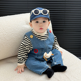 婴儿春装牛仔背带连体衣服两件套男女宝宝春季套装洋气外出背带裤