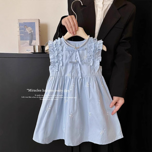 超可爱女童蓝色连衣裙蝴蝶结花边小飞袖儿童裙子小女孩背心公主裙