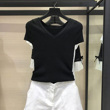 希哥弟思媞女装专柜正品2020新款黑色v领针织短袖冰丝打底衫上衣