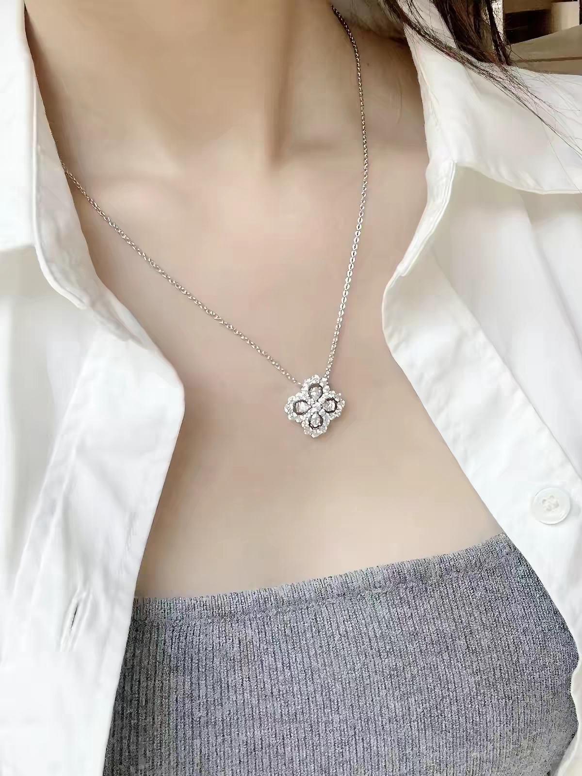 「繁花四叶草」纯银s999项链女轻奢小众设计百搭锁骨链送闺蜜礼物