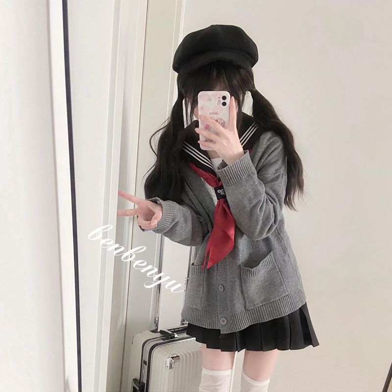 原创灰色JK制服毛衣女秋冬新款软妹针织开衫正版校供感学院风外套
