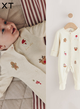 英国NEXT进口圣诞节日爬服婴儿长袖连体衣纯棉冬宝宝包脚连身哈衣