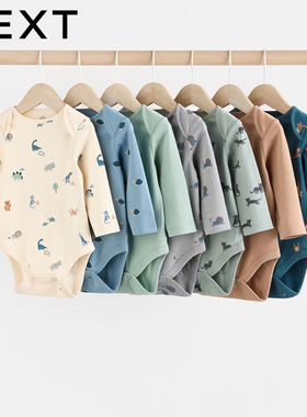 进口现货英国NEXT婴幼儿秋冬卡通动物印花哈衣男童宝宝纯棉包屁衣