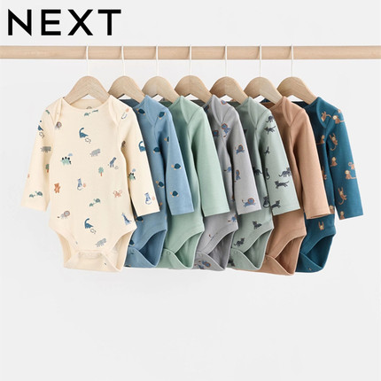 进口现货英国NEXT婴幼儿秋冬卡通动物印花哈衣男童宝宝纯棉包屁衣