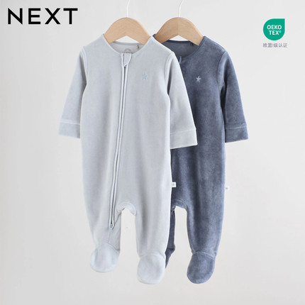 英国进口NEXT婴儿长袖冬季加绒加厚星星睡衣包脚宝宝天鹅绒连体衣