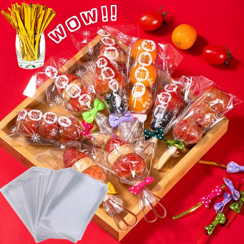 迷你冰糖葫芦包装袋透明糖果袋蝴蝶结扎丝创意卡通签全套材料工具