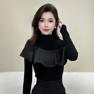 【米兰格调】春季新款半高领长袖T恤女百搭设计感打底衫上衣9910