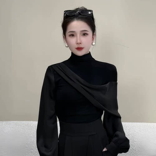 【观想空间】2026拼接半高领长袖T恤女小众设计感气质上衣9870