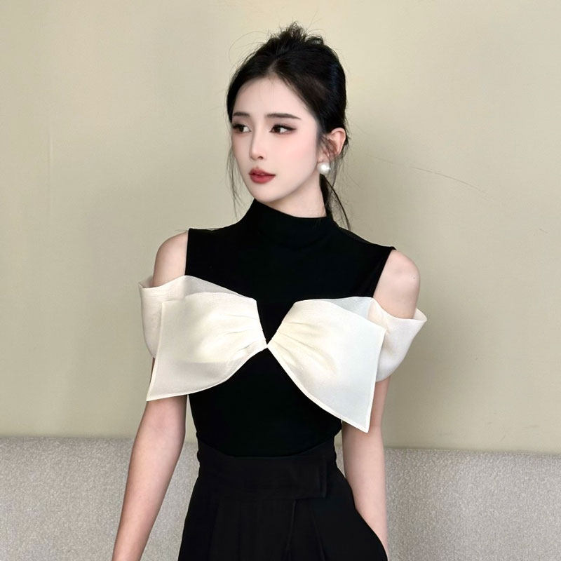 【黑白蝶序】莱赛尔天丝拼色露肩T恤女2026新款打底衫上衣26254