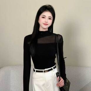 【静奢腔调】立领拼接网纱长袖T恤女秋冬加绒加厚打底衫上衣8859