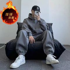 秋冬灰色简约高级感街头潮牌宽松加绒加厚情侣卫衣运动套装男女