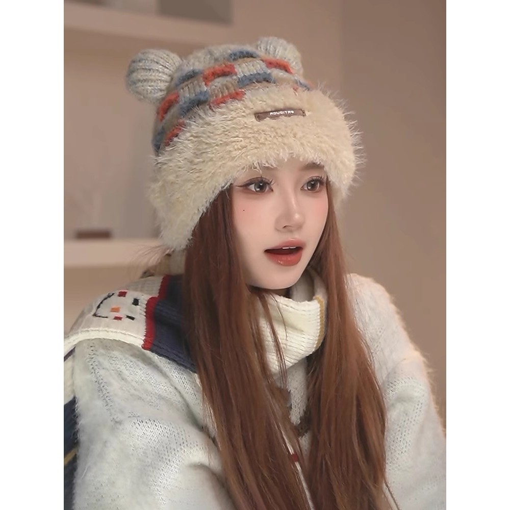 可爱拼色小熊耳朵针织帽子女冬季防寒保暖显脸小加绒护耳毛线帽潮