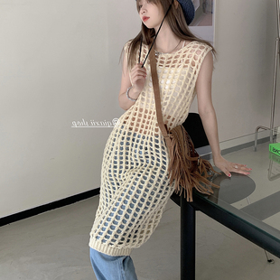 女夏季 韩版 镂空针织网格罩衫 新款 中长款 小众设计感叠穿背心裙子
