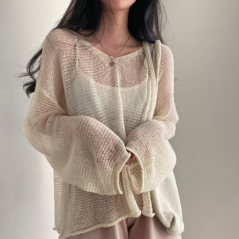 BF慵懒风长袖防晒针织上衣女夏季韩版宽松纯色卷边镂空薄罩衫透视