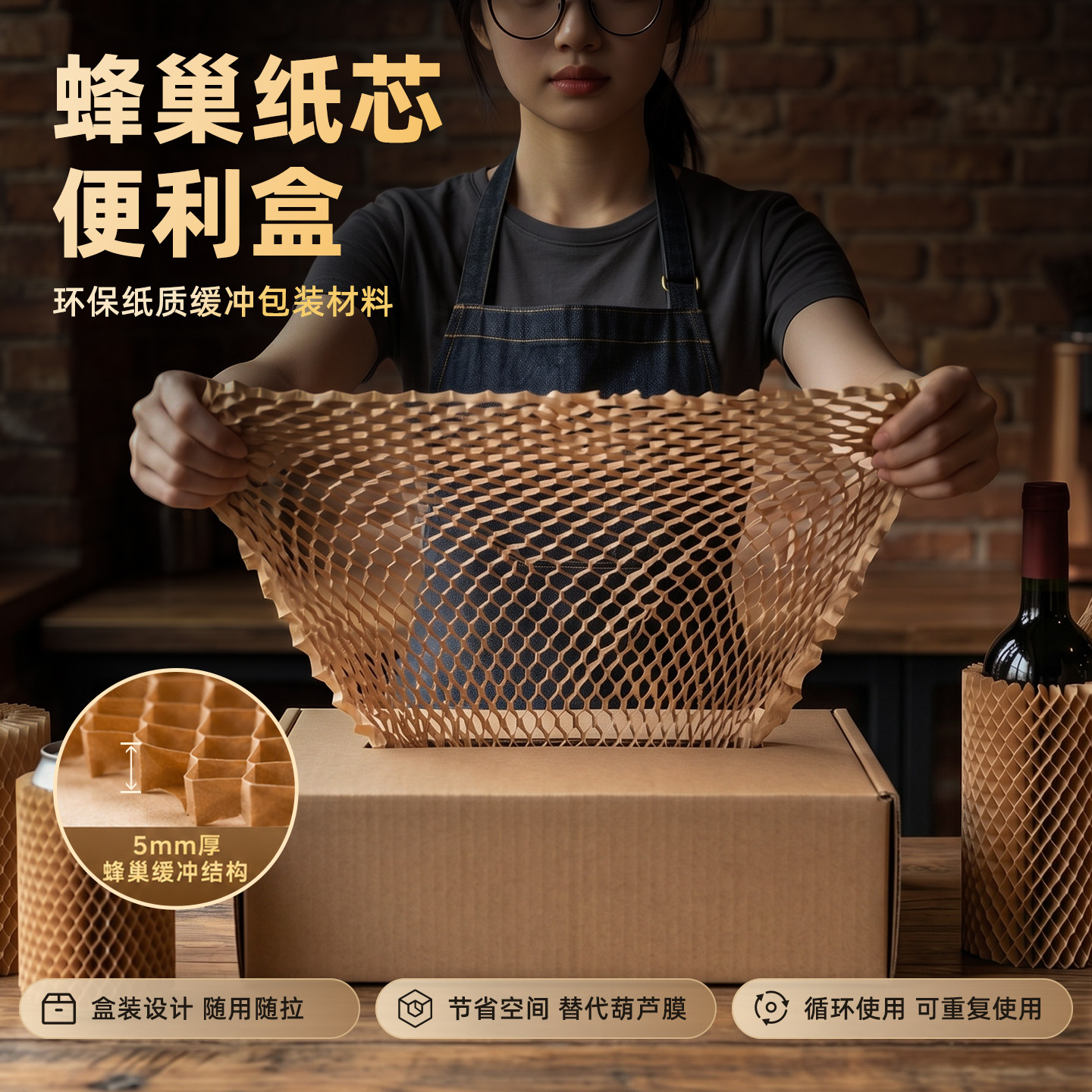 环保抽拉款蜂窝纸芯盒全木浆可降解包装防护缓冲红酒保护蜂巢纸网图片