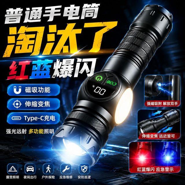手电筒强光可充电超亮户外应急照明灯穿天炮超长续航带磁吸带尾绳