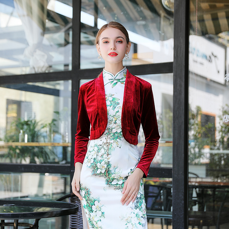 优雅旗袍外搭春秋季金丝绒小披肩