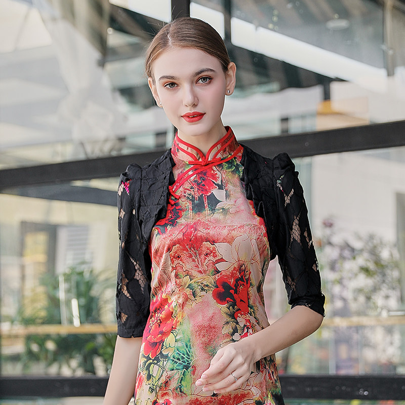 七分袖旗袍外搭女短款薄外套小披肩夏百搭蕾丝开衫小坎肩2023新款