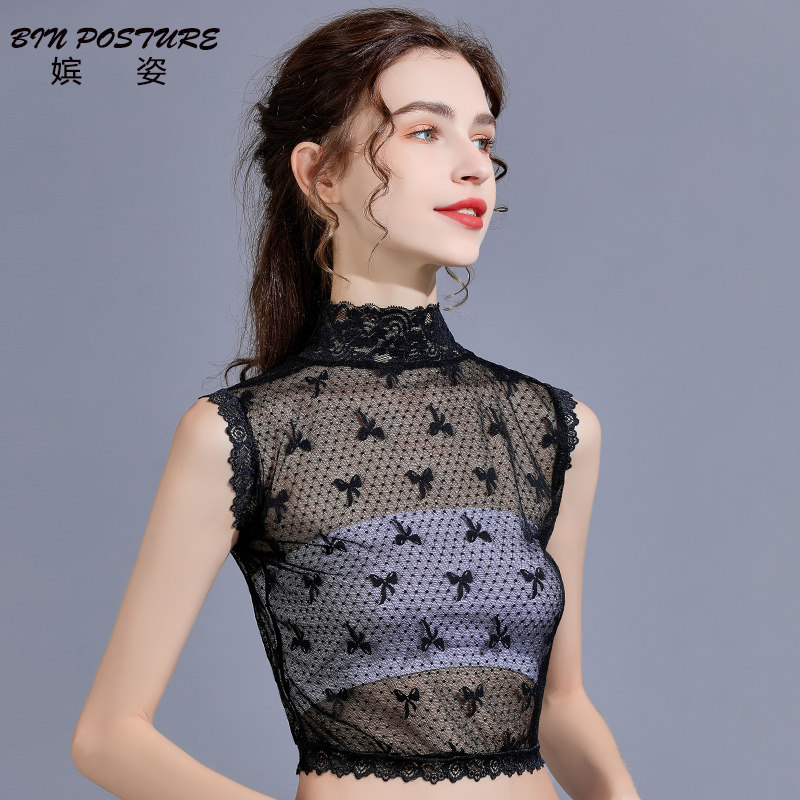 半截蕾丝打底衫女黑色性感无袖内搭蕾丝抹胸上衣百搭半高领蕾丝衫