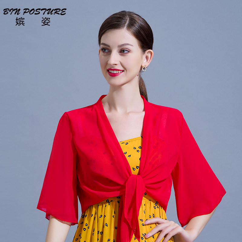 中袖雪纺短外搭女小坎肩2025夏新款薄小披肩夏百搭短款系带短外套