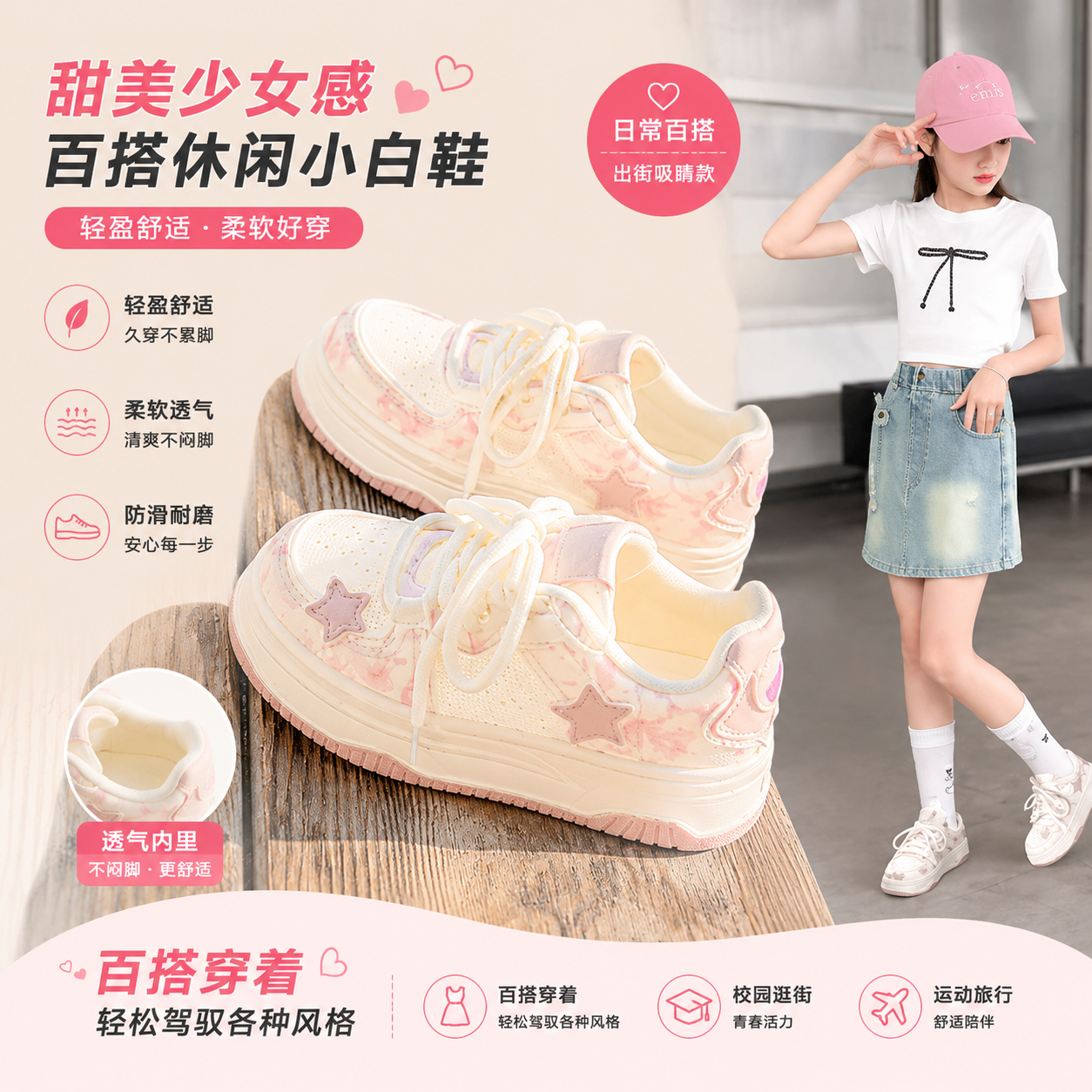 夏季女童透气网面运动板鞋