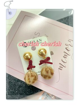 冬季毛茸茸豹纹蝴蝶结球球款耳环吊坠耳坠韩风百搭款气质防过敏