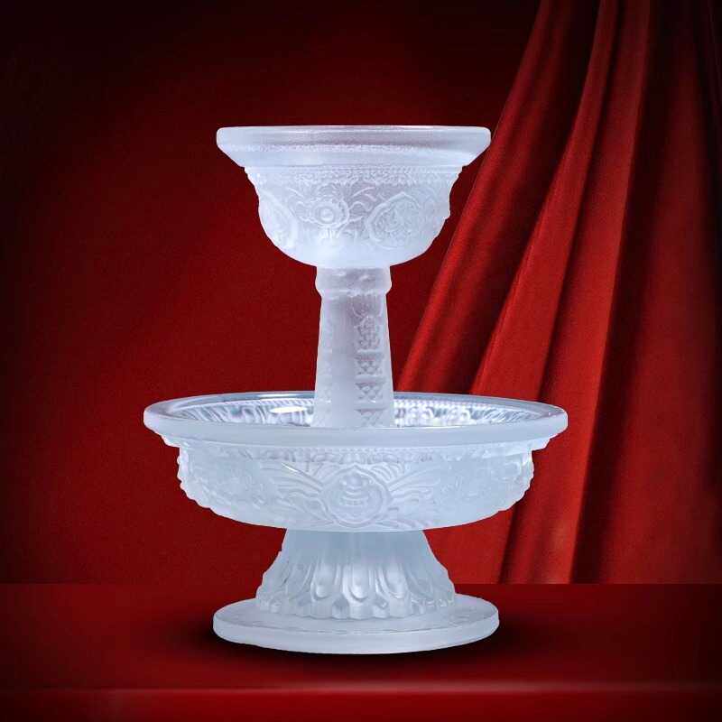 西藏用具批量发水晶琉璃八吉祥护法杯供杯密宗法器用品圣水杯白色 - 实物图