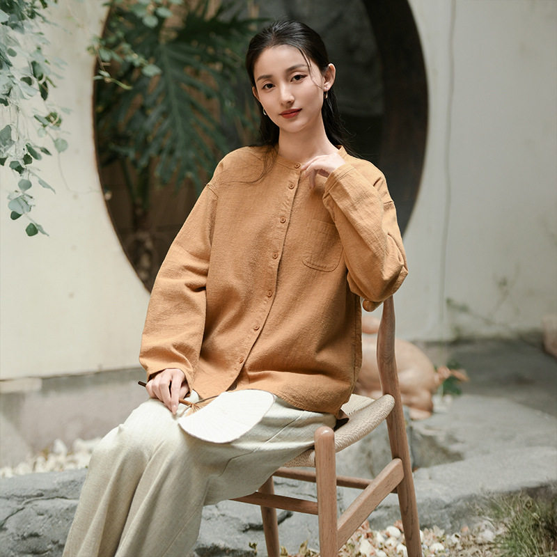 休闲立领棉麻宽松显瘦长袖衬衫