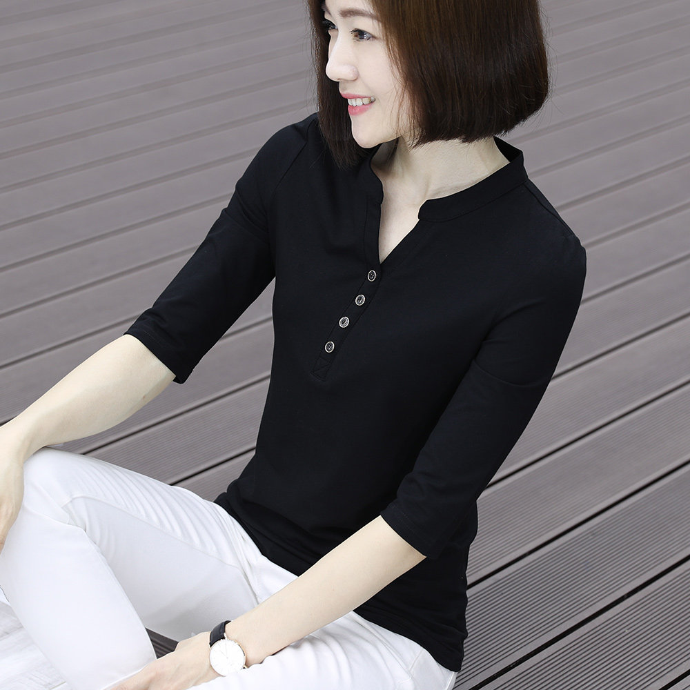 2022秋季黑色中袖T恤女立领莫代尔打底衫大码V领妈妈七分袖上衣女