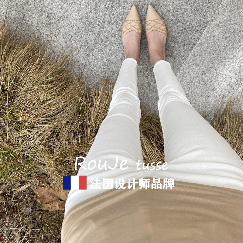 法国Rouje tusse白色牛仔裤女高腰秋长裤紧身弹力胖mm小脚铅笔裤