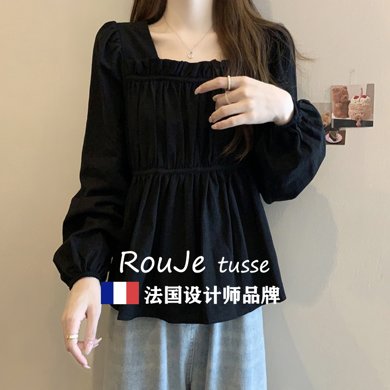 大码女装遮肚子荷叶边长袖内搭衣女春秋胖妹妹显瘦泡泡袖正肩上衣