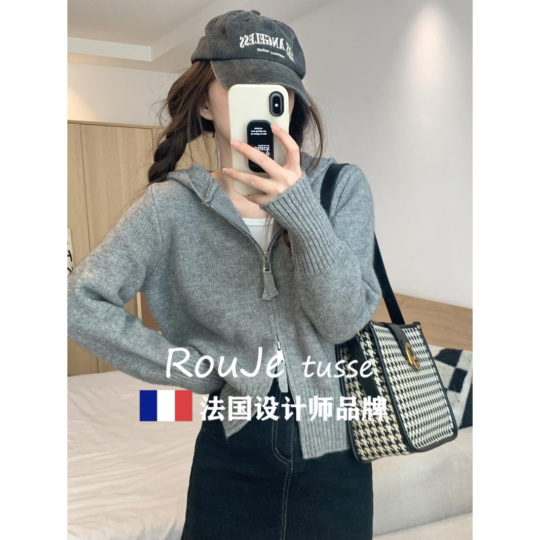 灰色短款连帽双拉炼羊毛针织衫小众外套羊绒毛衣上衣女开衫帽衫潮