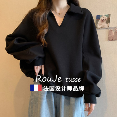 大码慵懒风半开领长袖卫衣女春秋新款胖MM宽松显瘦内搭打底衫上衣