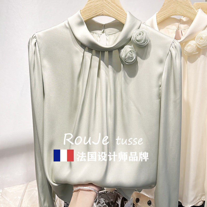 法式Rouje tusse气质显瘦立领花朵纯色套头长袖雪纺衫女春季衬衫