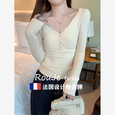 Rouje tusse辣妹坑条显瘦羊毛上衣女低领露锁骨内搭羊绒针织毛衣