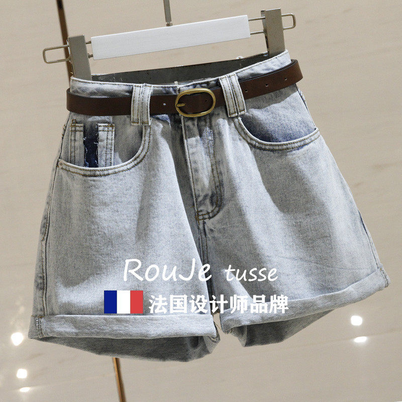 法国浅蓝色高腰牛仔短裤女宽松夏季卷边a字阔腿热裤潮