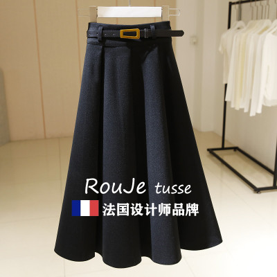 黑色中长款毛呢百褶半身裙女高腰2025春季新款遮肉显瘦a字大摆裙