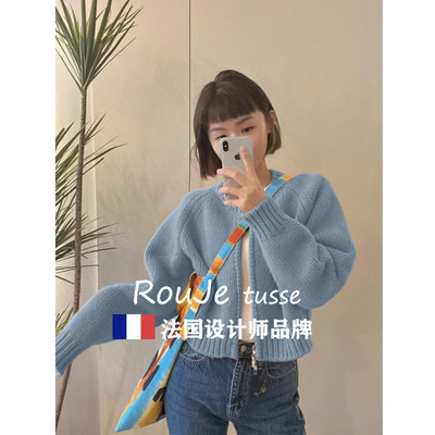 法国Rouje tusse春红色羊绒毛衣外套女羊毛针织开衫拉链短款上衣