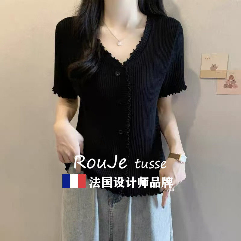 法国Rouje tusse大尺码遮肚子宽松V领木耳边针织开衫女百搭短袖T