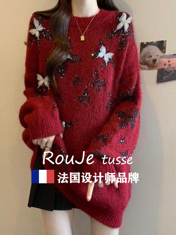 Rouje tusse安可拉红蝴蝶羊绒毛衣大码中长款遮屁股羊毛针织上衣